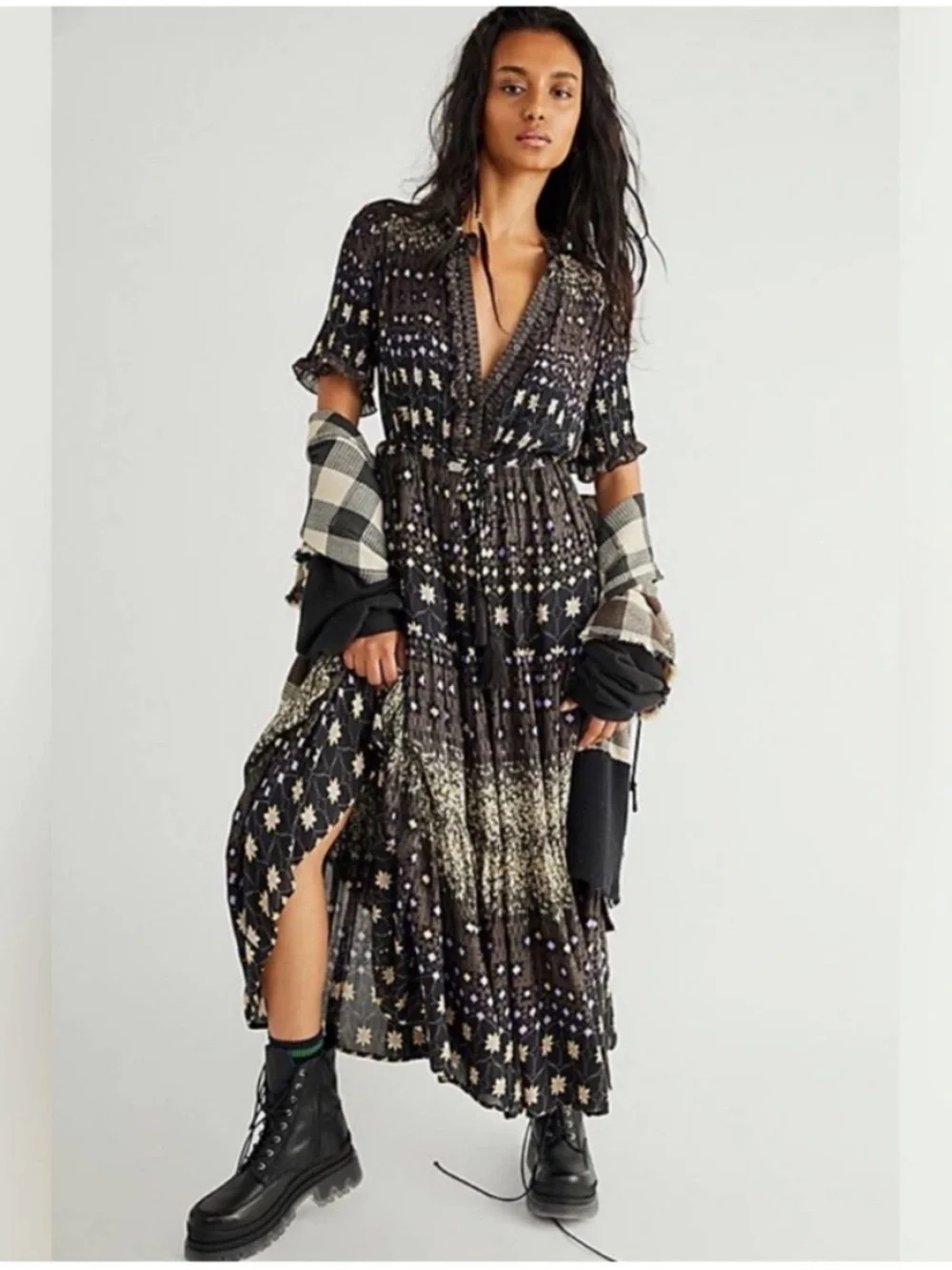 Free People Rare Feelings Midi Dress Cocoa Combo Dress Black Cottagecore Boho M